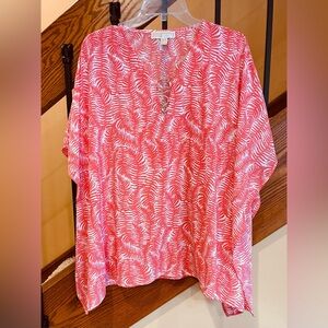 Michael Kors Cover Up Kimono Top Metal Ring Detailing Coral Fern Pattern SZ. S-m